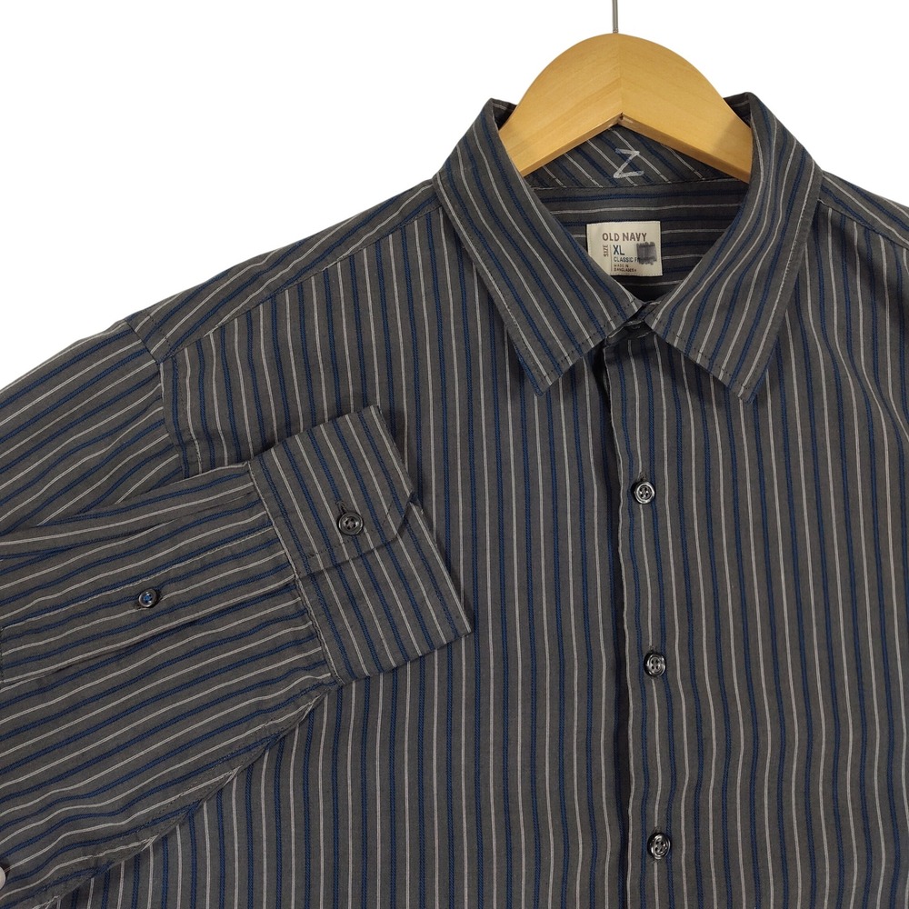 Old Navy Mens XL Classic Fit Button Down Shirt Grey Blue Striped Long Sleeve